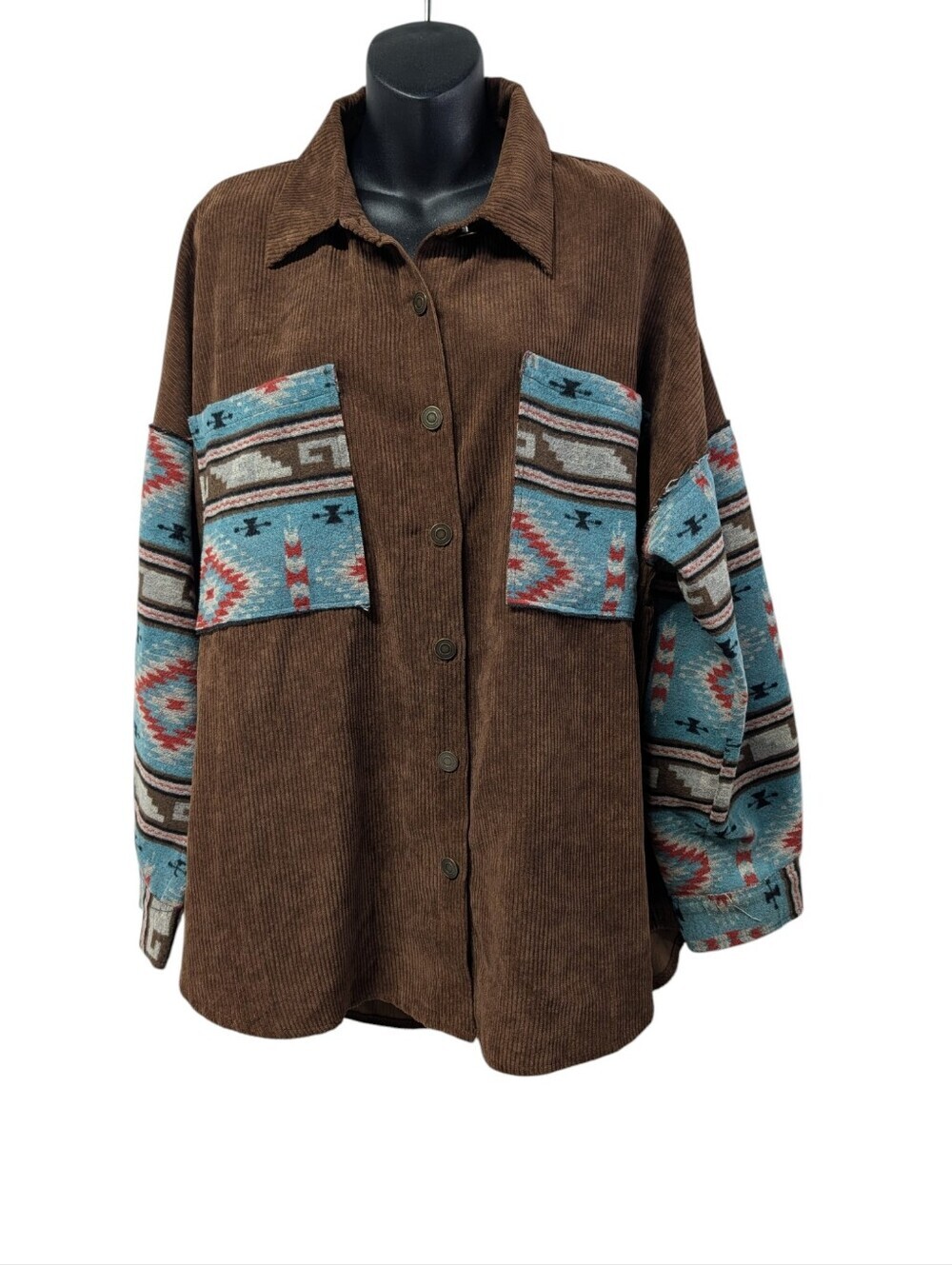 La Miel Women's Size M Brown Corduroy Southwestern Aztec Shacket Jacket